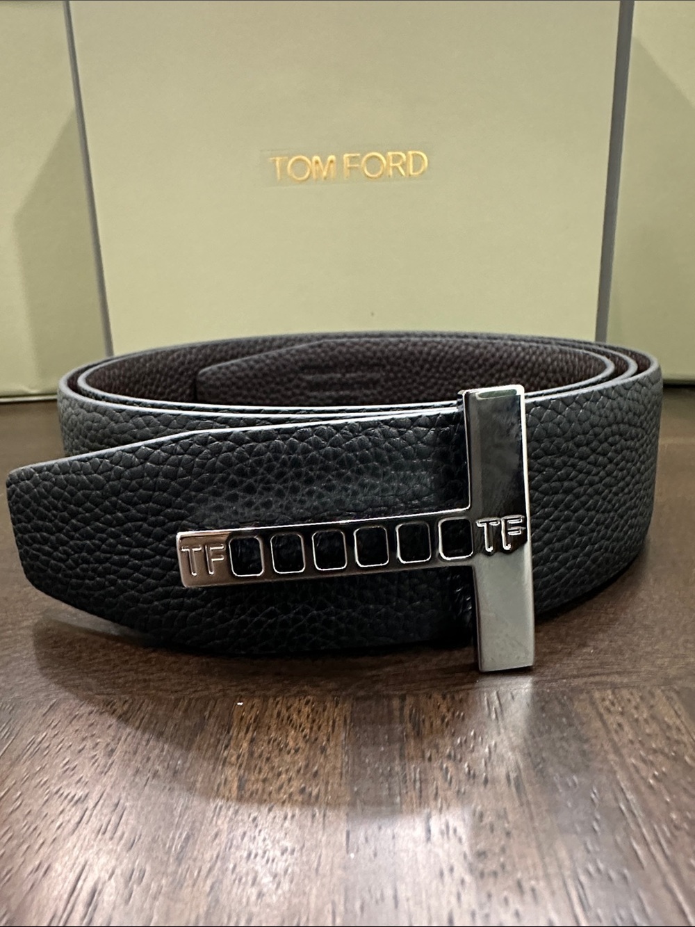 Tom Ford Black Pebbled Leather Belt with Silver TF Bar Buckle